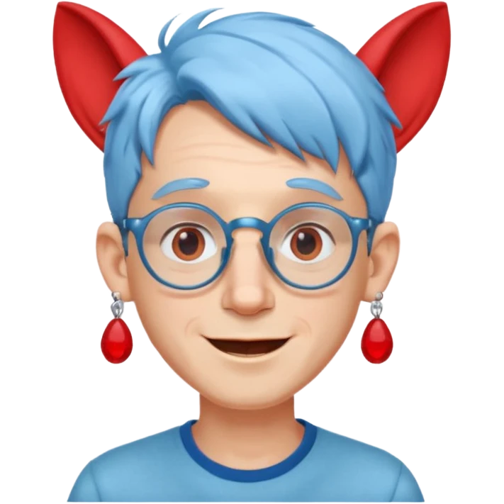 light blue haired man mid length hair with big ears and red earrings and spectacles happy emoji