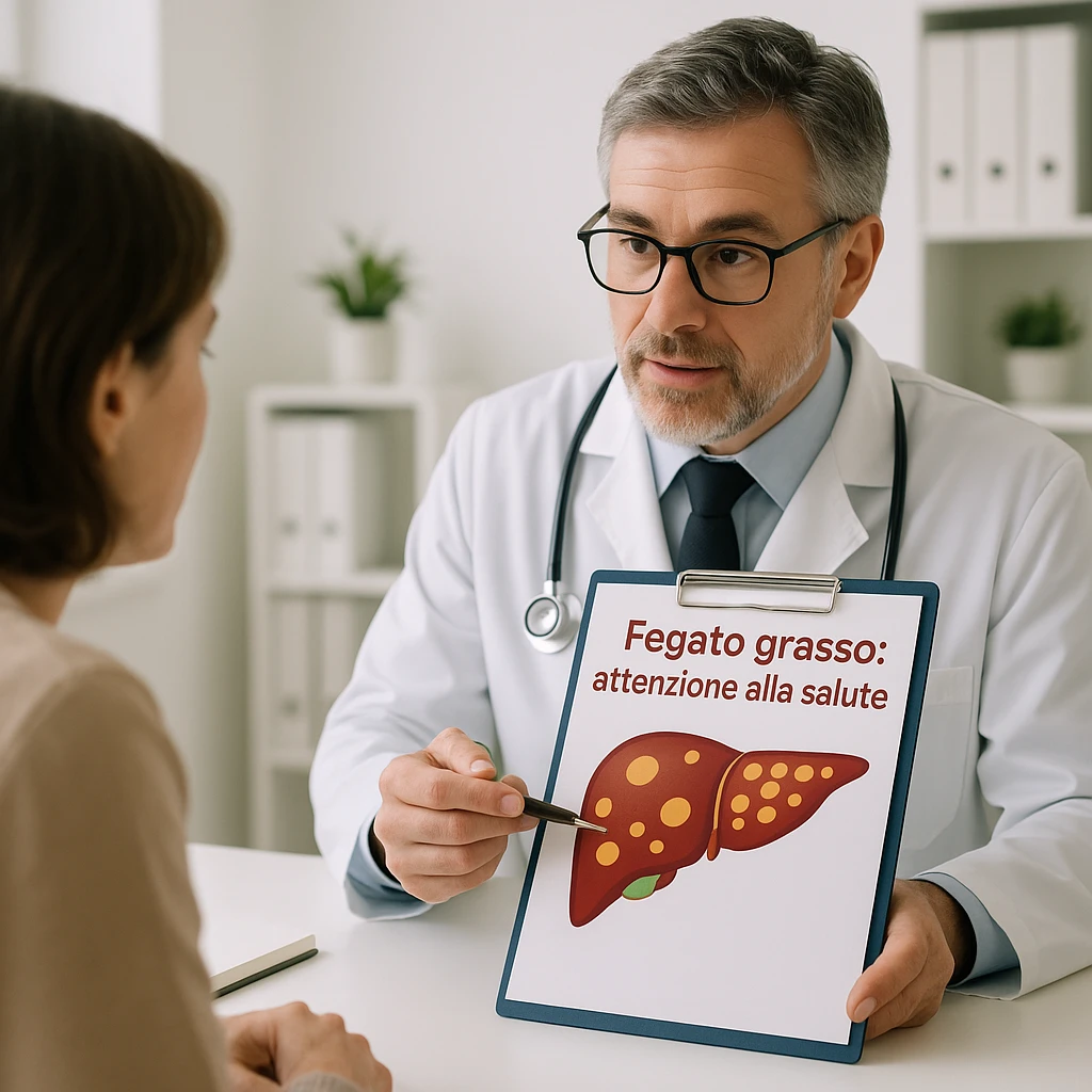 clinical scene with doctor showing a patient a liver diagram with highlighted fat areas, prevention atmosphere, Italian text 'Fegato grasso: attenzione alla salute', 4K quality emoji