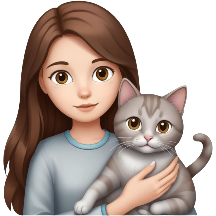 A girl with long brown hair holding a silver-colored cat emoji