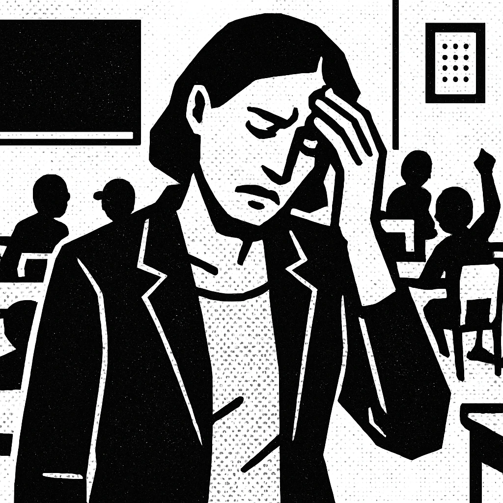 exhausted teacher in a bustling classroom emoji