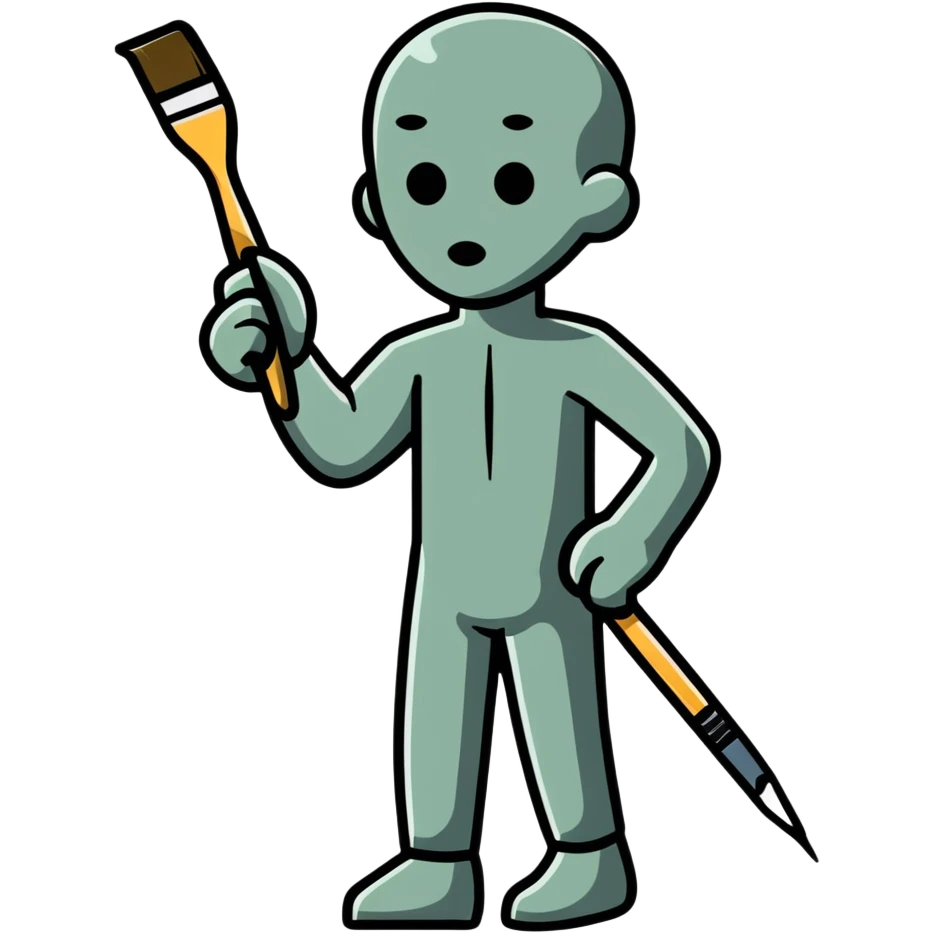 A paintbrush transforming into a metallic human silhouette, symbol of artistic identity emoji