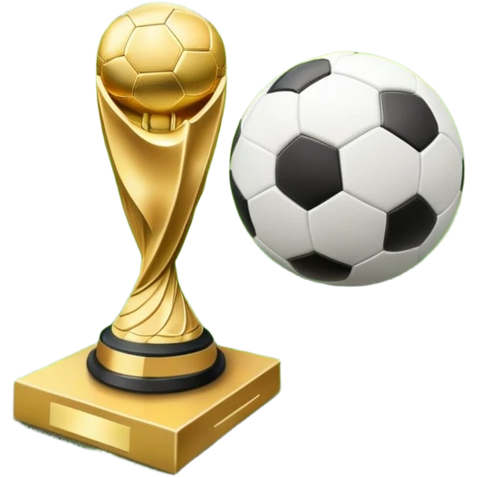A football resting on the green grass of a soccer field, with goalposts and field markings in the background. In the foreground, the UEFA World Cup trophy gleams, symbolizing the pinnacle of football achievement, adding an element of prestige and competition to the scene. emoji