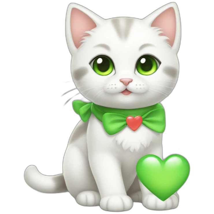 Super cute kitten with green anime eyes holding hearts emoji