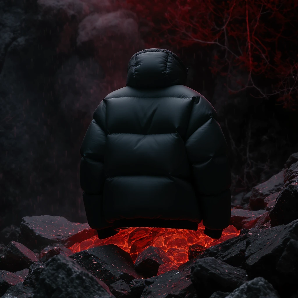 cinematic still of a black puffer jacket around black stone with red coal temeperature environment, back red light emoji