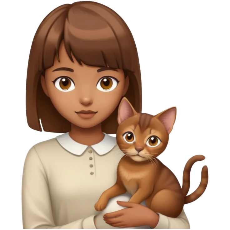 a girl with short brown hair and bangs holding an Abyssinian cat emoji