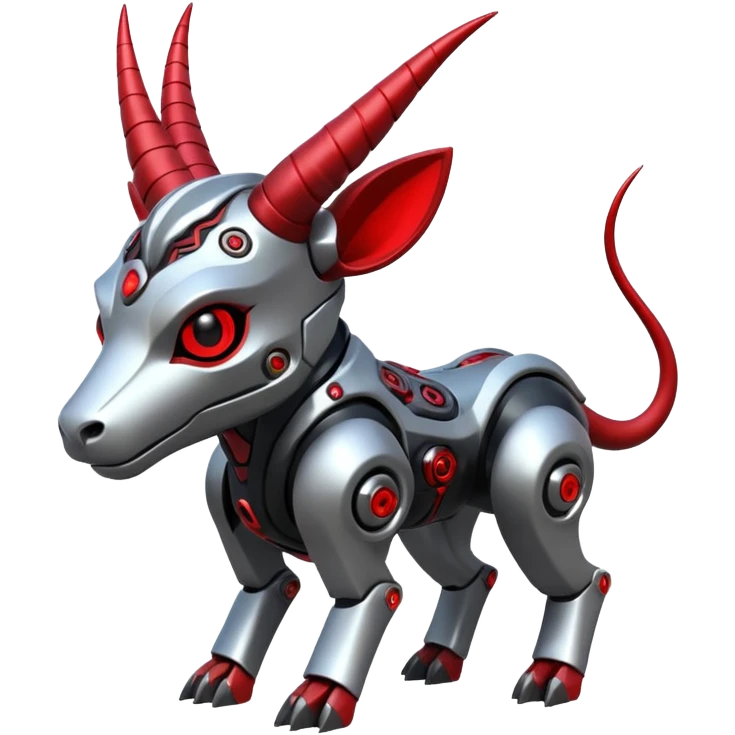 Futuristic mechanical cyborg horned modern badass cool shiny metallic alloy silver-grey black crimson-red white white lime animal hybrid Fakemon full body with intricate patterns emoji
