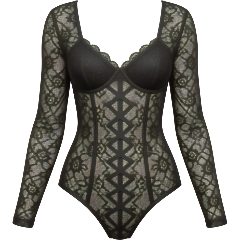 black lace bodysuit with a structured, sweetheart-neckline. emoji