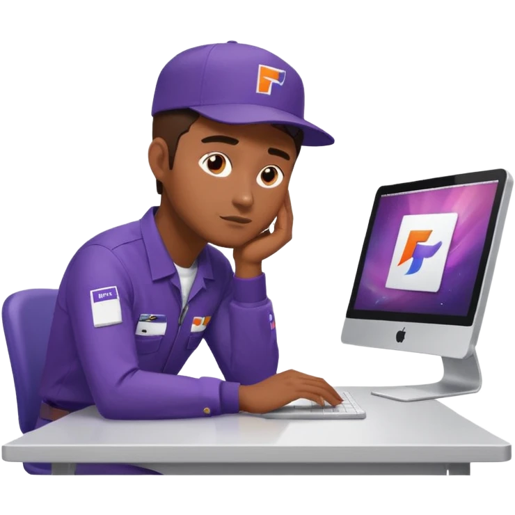 emoji of a man sitting at the table with an imac on it, a man is sitting in a very thoughtful pose, he has his hands on the table and his head resting on themб he look into the screen of imac, he is dressed in FedEx delivery uniform emoji