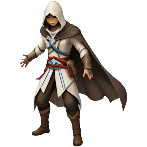 An icon representing an adventure game, inspired by Assassin's Creed. The design features a heroic character in hooded attire, scaling a tall building in a historical cityscape. The background shows ancient architecture and hidden symbols, symbolizing exploration and stealth. Transparent background  emoji