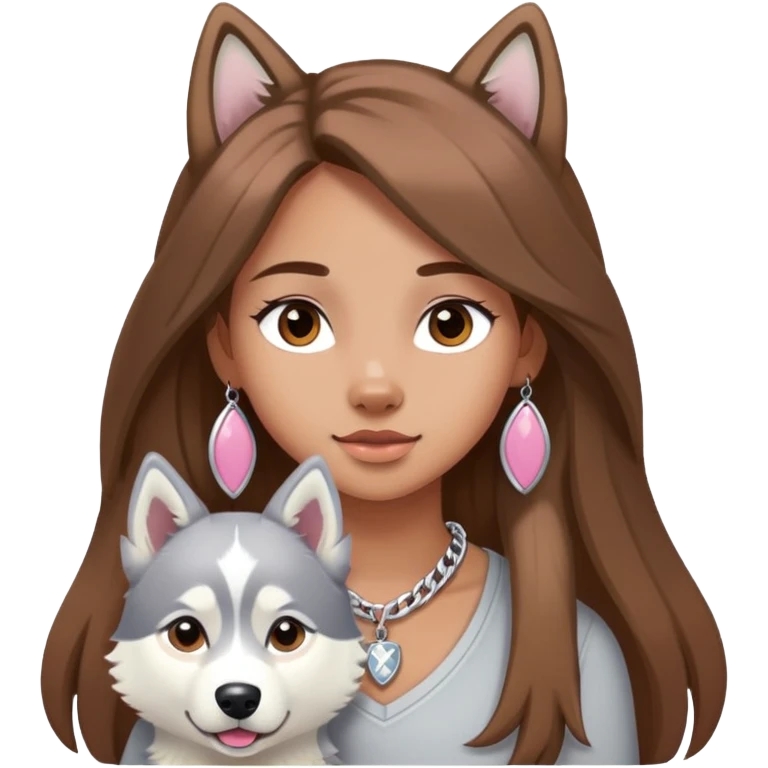 Girl with Brown long hair with husky white and grey and pink necklace for the husky  emoji