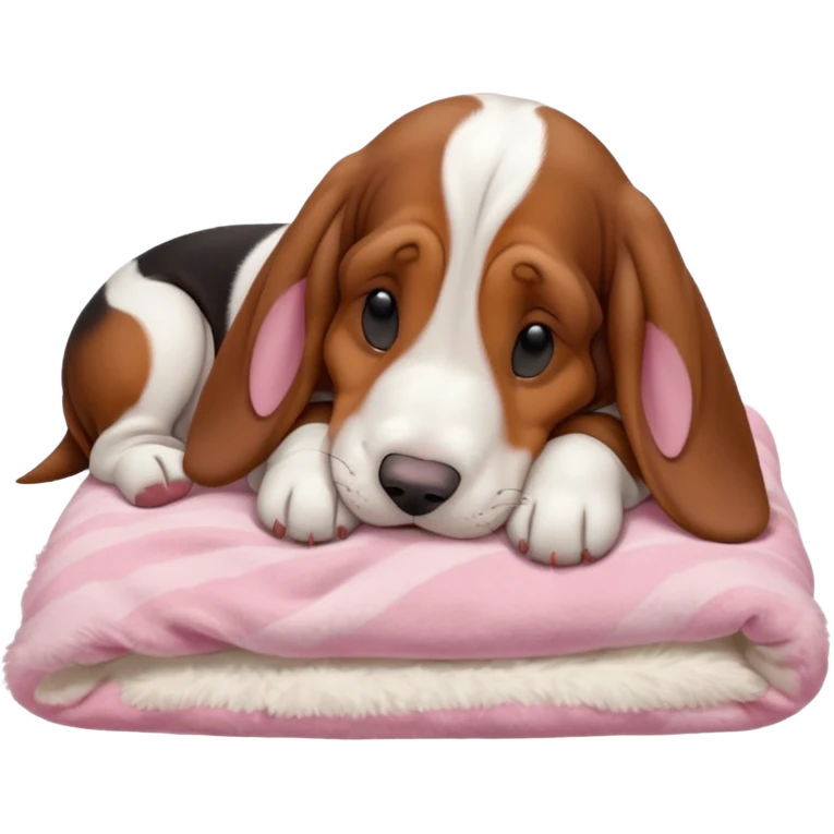 A baby basset hound sleeping on a baby pink blanket  emoji
