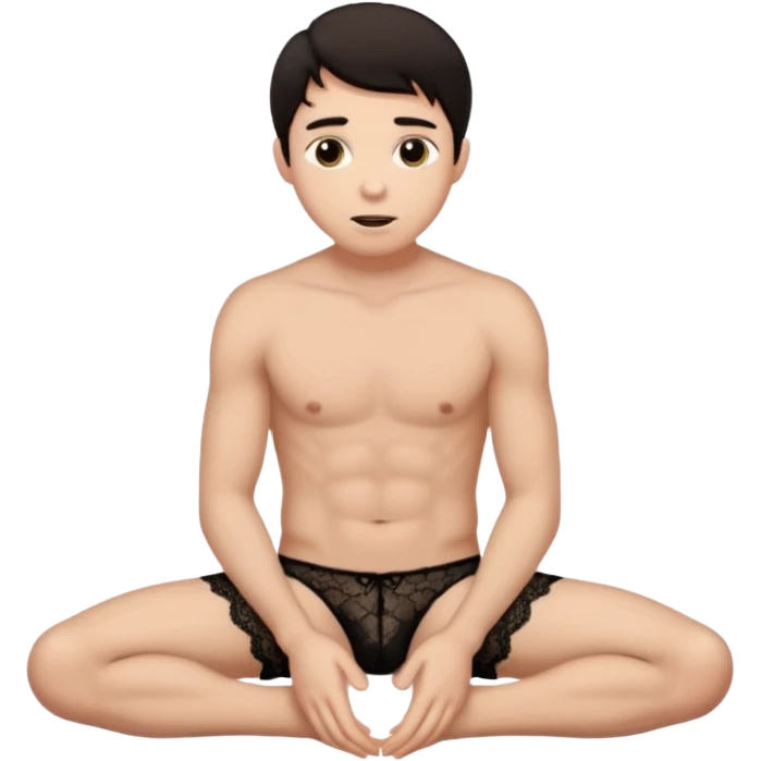 Submissive man on knees begging wearing female underwear with dark hair emoji