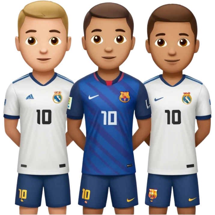 apple style emoji of a mix of famous football players Mbappe, Ronaldo, Neymar, Messi in playful poses wearing Real Madrid and Barcelona jerseys with comic speech bubbles emoji