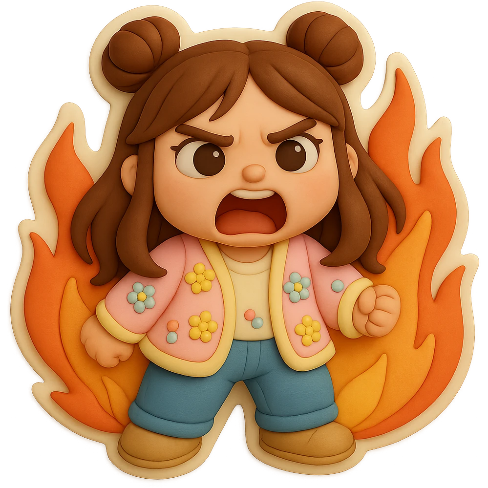 3D chibi fondant cake art style, high-quality rendering with smooth shadows and soft gradients. Girl based on reference image with preserved facial features and eye shape, long brown hair in two space buns, brown eyes, jeans, pastel floral cardigan, shoes, thick white outline like a sticker. Screaming angrily while surrounded by flames. Ensure the face, hairstyle, eye shape, and shoes match the reference exactly. emoji