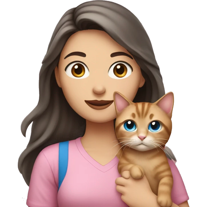 White woman with blue eyes and long dark hair wearing a pink shirt and holding a tabby cat emoji