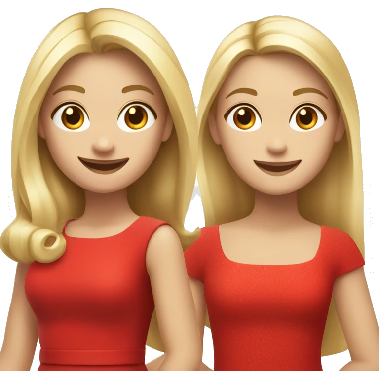 smiling girls in red dresses, girl on the left has blonde straight hair  emoji