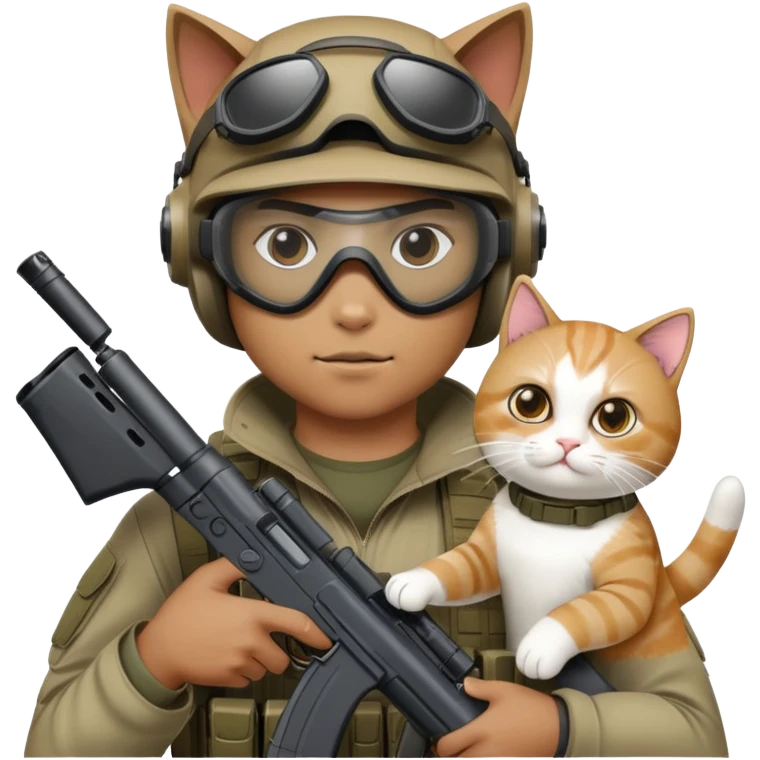 Man in tactical airsoft gear wearing protective goggles on face, holding a gun in one hand and a white and brown cat in the other hand emoji
