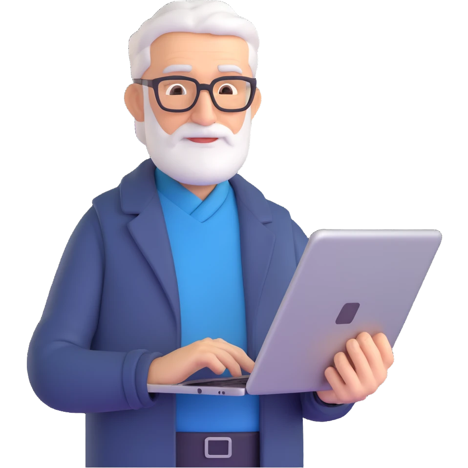 emoji of an older developer with a laptop and a tablet, stylus in hand emoji