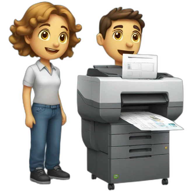 a boy and a girl with a large printer full of copies, both are exhausted emoji