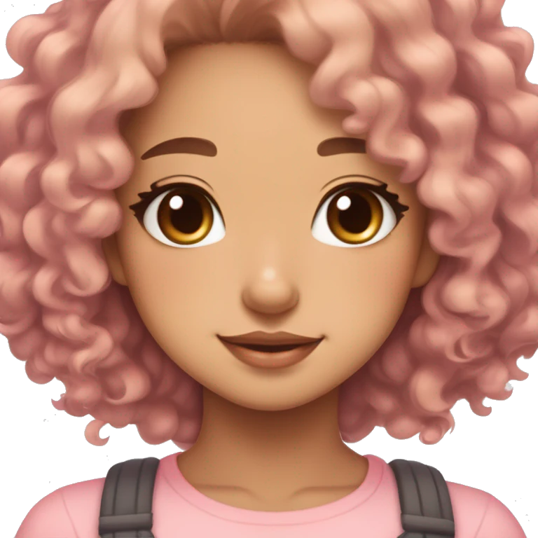 TAN SKIN GIRL WITH LONG BROWN CURLY HAIR AND A CORGI pink kawaii shiny blushing cute kawaii pastel anime trending style pink pastelcore emoji