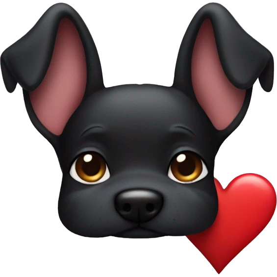 Black dog with up ears holding heart emoji