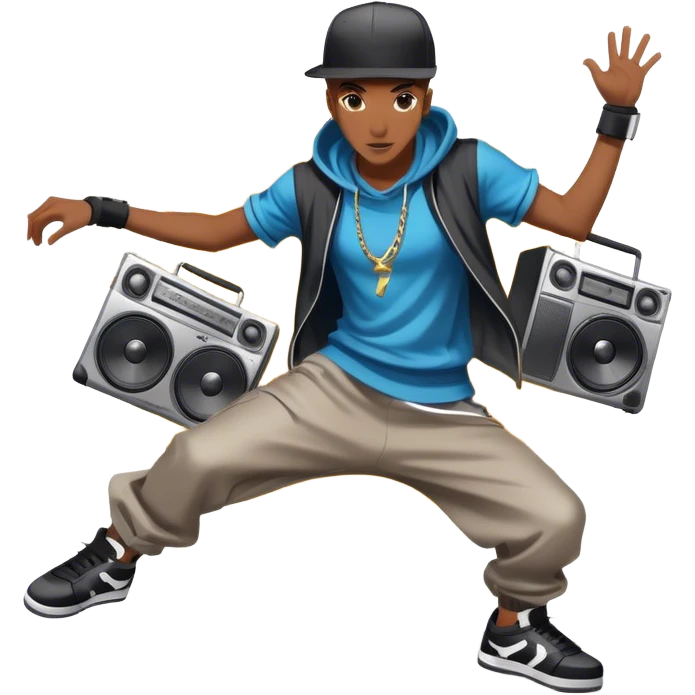 Icon for Street Dance: a dancer in urban streetwear performing a dynamic lower breakdance move, with a spray-painted background and a boombox on the asphalt. The icon should capture the energy, style, and creativity of street dance culture. Transparent background. emoji