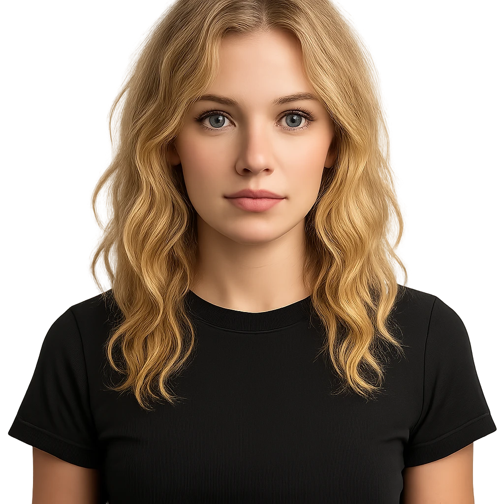 upper body portrait of a blonde wavy haired girl with blue eyes, nose ring on left side, wearing a black cropped shirt emoji