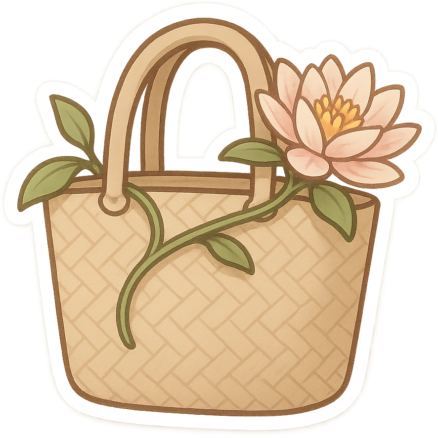 mascota para proyecto productivo, bolso artesanal con lirio de agua enredado en las asas, estilo minimalista y elegante, detalles sutiles de flor y tejido emoji