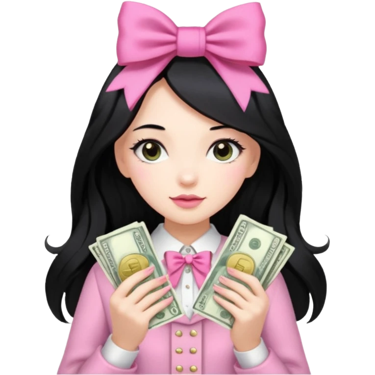 Menina de cabelo preto longo , laços rosas , dinheiro , luxo emoji