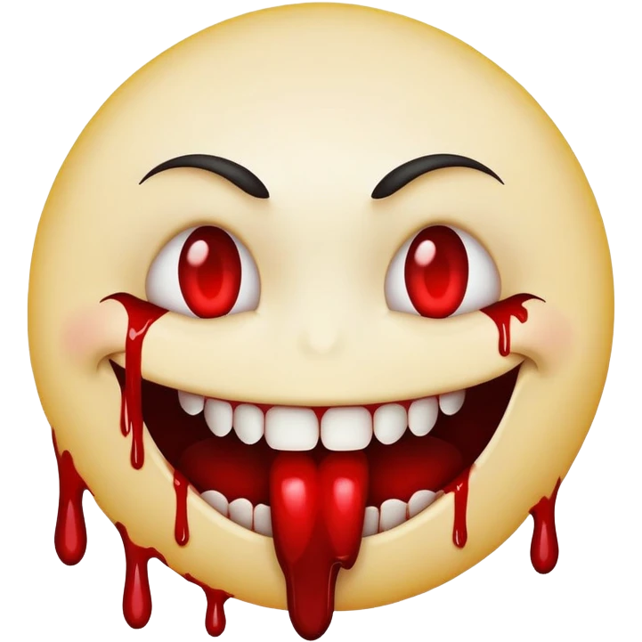 Smiley face emoji with evil grin and blood dripping from mouth and eyes emoji
