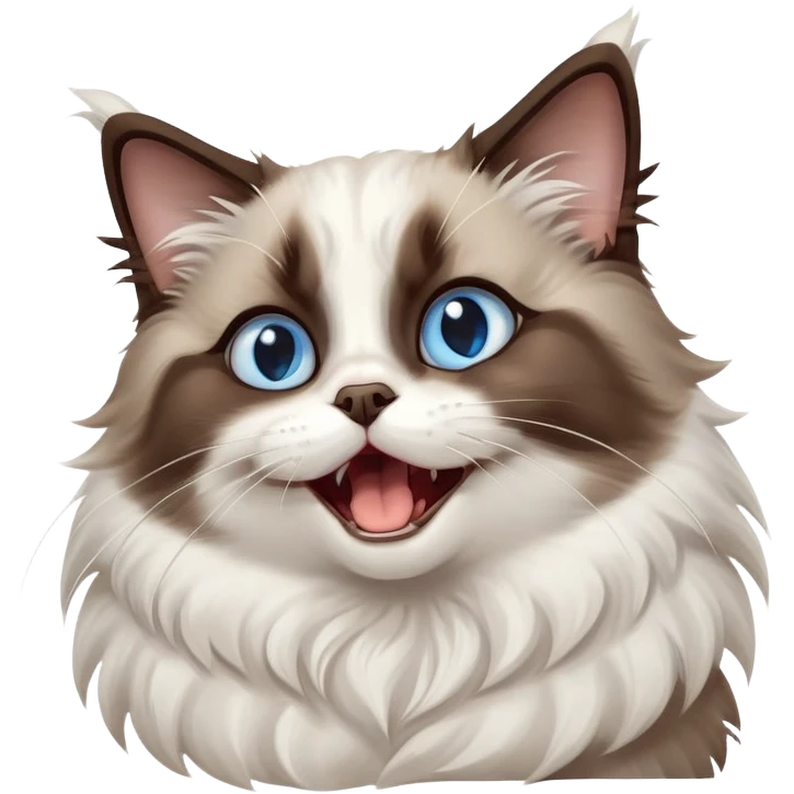 cinematic-adorable-big-eyed-fluffy-dark brown and white ragdoll-cat-portrait-emoji,-head-tilted-playfully-with-a-cute,-yawn,-soft-brown-and white-colored-fur-with-darker-points-on-the-ears,-simplified-yet-irresistibly-cute-features, sparkling blue eyes emoji