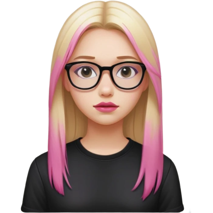Teenage girl taking a selfie
Setting: school bathroom
Hair: long, straight, blonde with pink dye
Wears rectangular glasses
Clothing: black shirt
Expression: neutral
Lips: slightly glossy
A expressive pose emoji