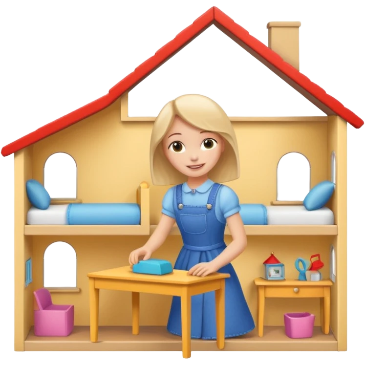 smiling girl arranging furniture in doll house emoji