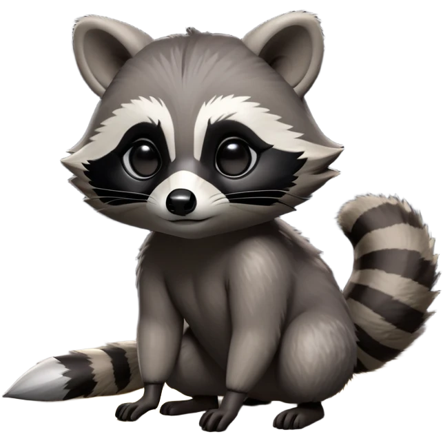 Cinematic-cute Raccoon-Realistic-hunched Full-Body on all fours-Emoji – Tail flicking lazily, head tilted dramatically, thick grey fur with a signature black mask, sharp and alert ears, simplified yet realistic focused features, highly detailed, glowing with an almost sarcastic glow. big black eyes emoji