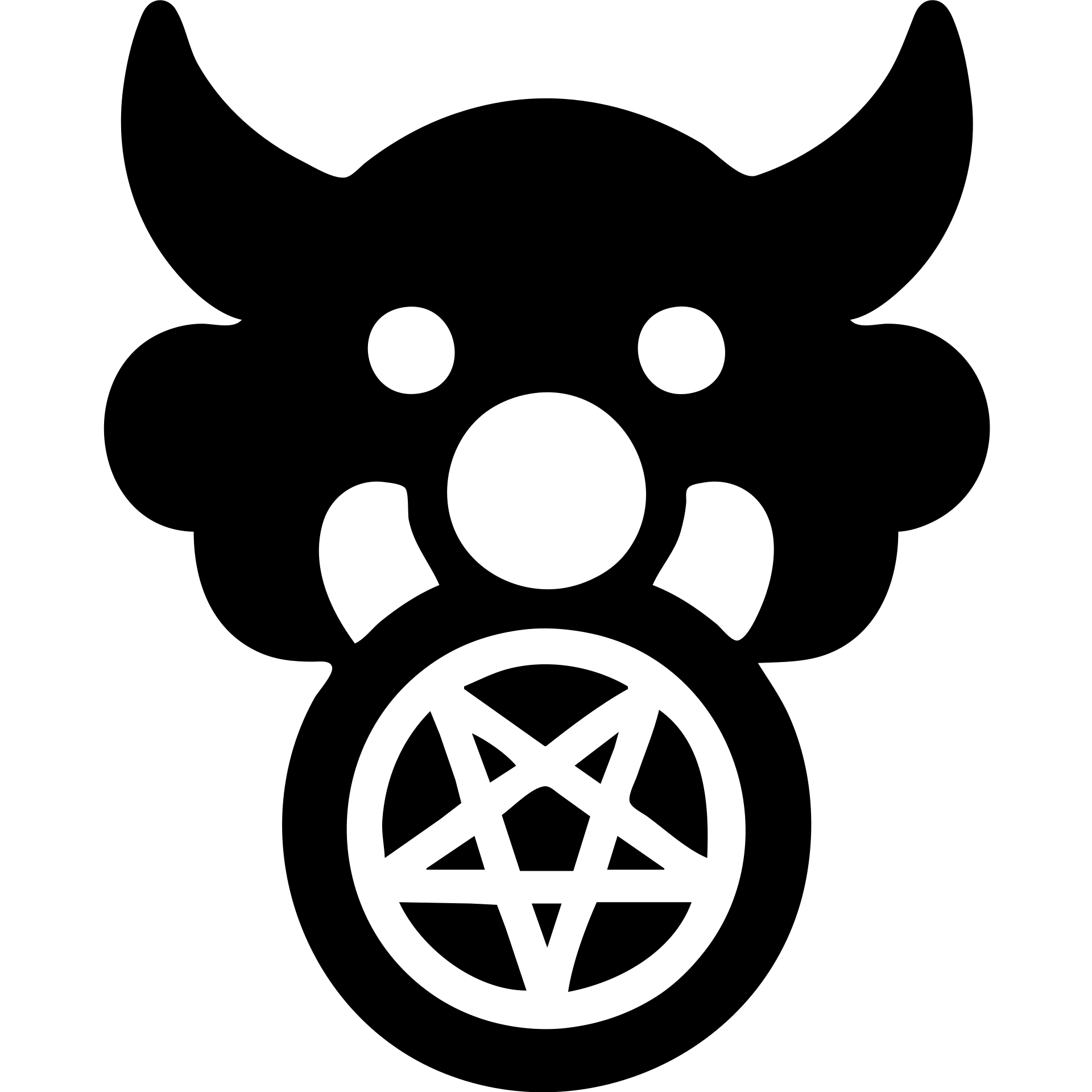 bold, simple black-filled icon symbol combining devil horns, clown nose, and pentagram, representing a group of devilish clown characters emoji