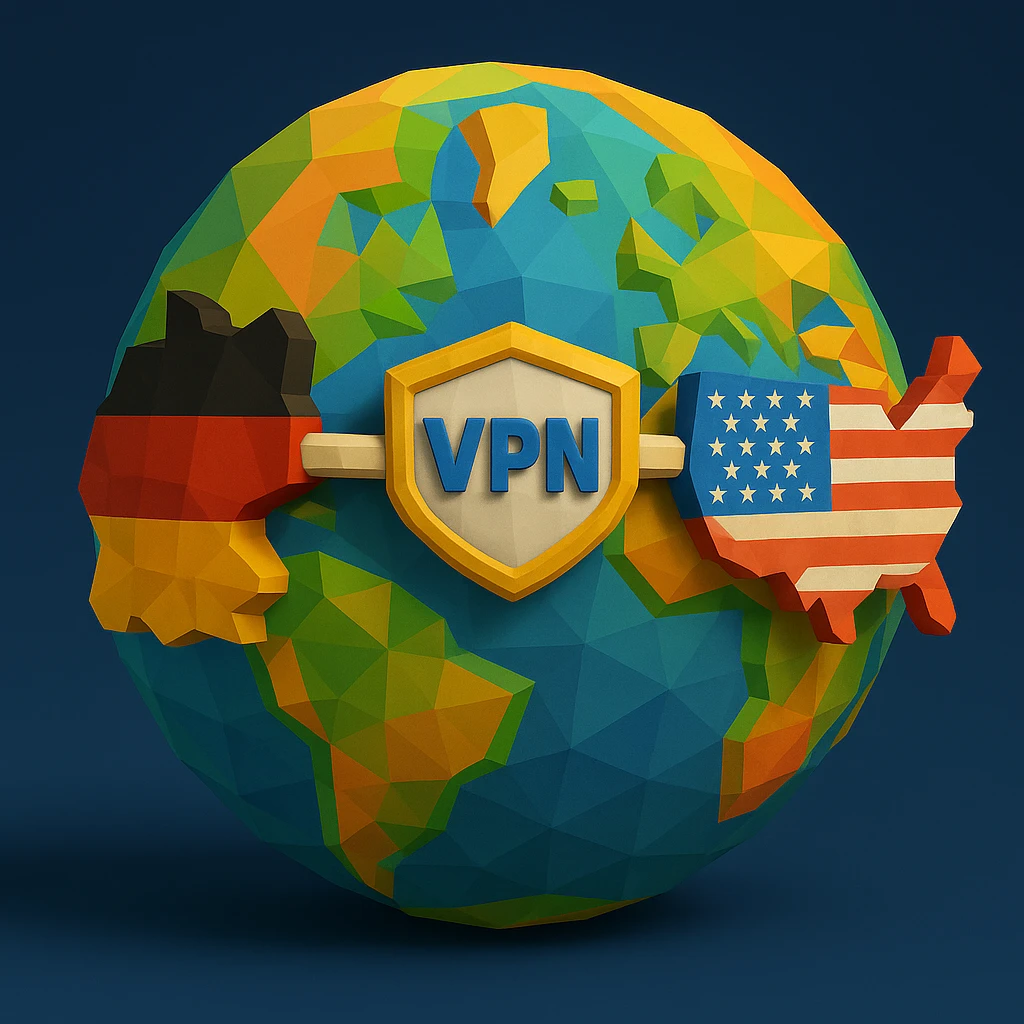 Edit the playful 3D globe with VPN and a connection between Germany and USA to have a multicolor scheme with realistic shading and depth, maintaining the playful and 3D low poly style. emoji