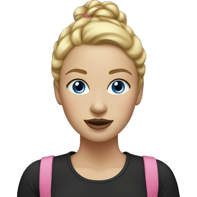 a woman with freckles, blue eyes, light skin, blonde hair with a bun, pink lips. black shirt. emoji