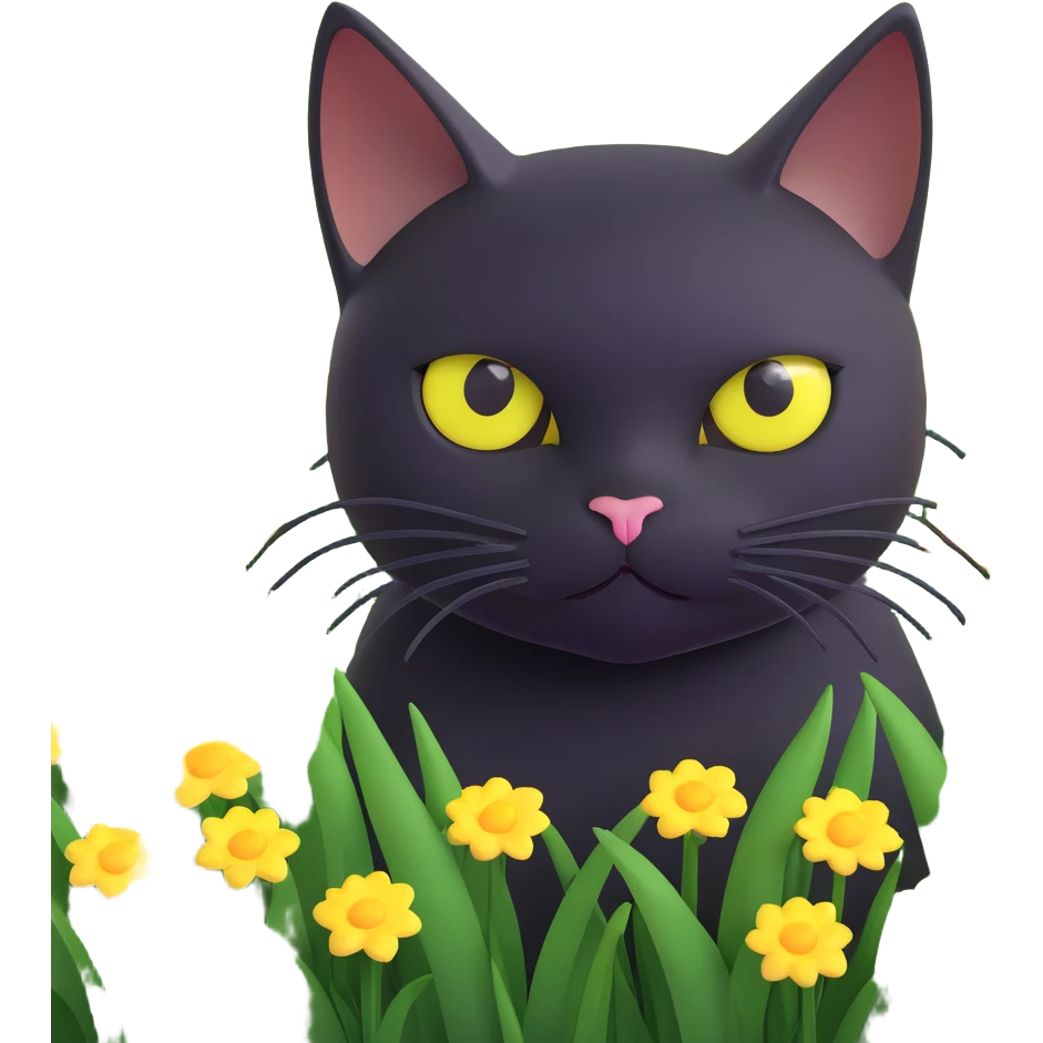 A black cat with large, round yellow eyes peeking out from a field of green grass with scattered yellow and white flowers emoji