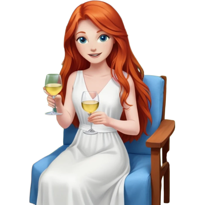 Happy redhead with long hair and blue eyes holding white wine sitting in chair beside fire pit in backyard emoji