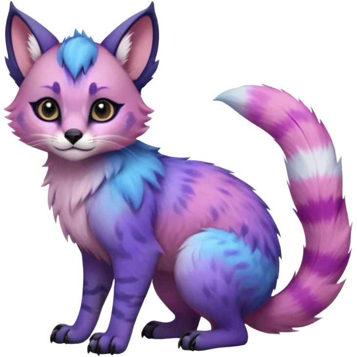 Cute kawaii cool edgy badass  pastel cotton-candy pink-blue-purple gradient fluffy fur fantasy-caracal-civet-genet-sergal-vernid-Gryphon-Cacomistle-Trico-oncilla-animal-Fakémon-hybrid-fursona (full body), facial markings, (realism style) emoji
