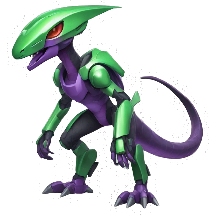 a purple-green Genesect-Raptor-Fakémon—hybrid with a futuristic visor-helmet full body emoji