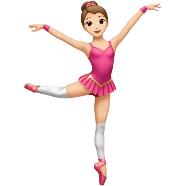 Una chica con vestuario de bailarina con las piernas flexionadas, el dedo índice en la boca, el tren superior inclinado hacia la izquierda y con la cadera proyectada hacia la izquierda emoji