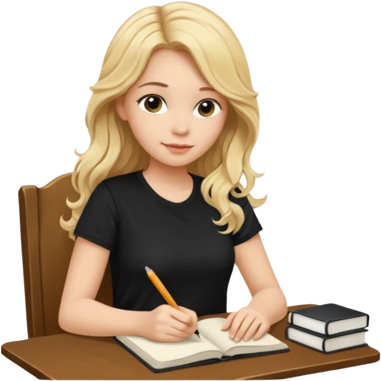 A beautiful blonde with long wavy hair in a black T-shirt sits and writes in a diary with a brown pen. emoji