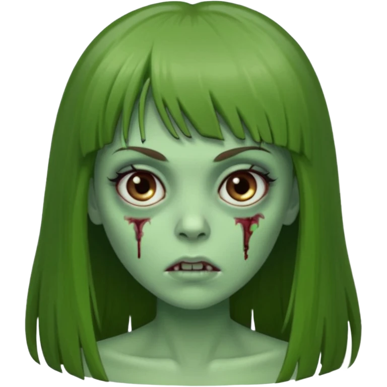 Zumbi feminino, de pele verde, cabelo longo liso e castanho com franja. rosto oval e cilios grandes emoji