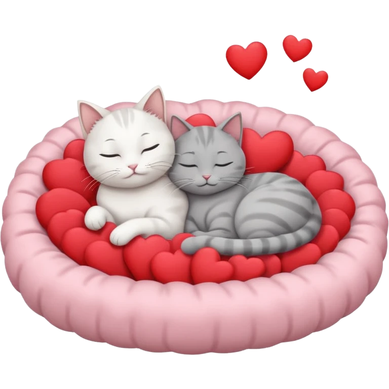 White cat and gray cat sleeping together in a bed full of hearts emoji