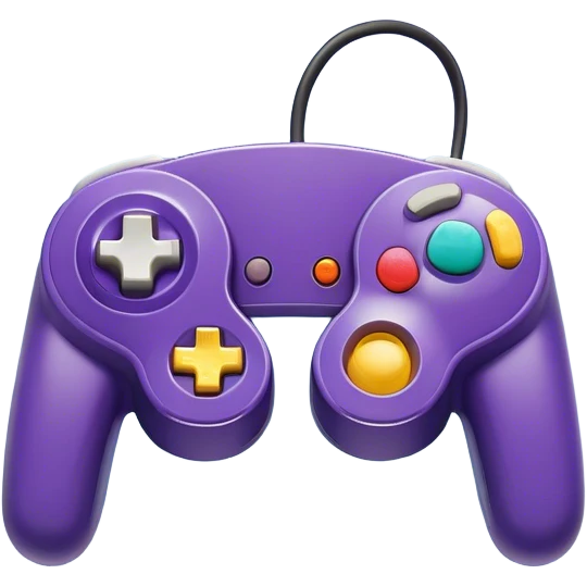 Clash of Clans aesthetic: Cinematic Playful GameCube Controller Portrait Emoji, rendered in a 3D vector-style similar to standard emojis with minimal shading and bold, simplified shapes. A compact, distinct form with signature details, softly glowing with a nostalgic gaming charm. Simplified yet unmistakably iconic, highly detailed and consistent, glowing with a soft radiance and high shine. Stylized with a touch of retro gaming magic and a soft glowing outline, capturing the essence of a beloved gaming relic with a friendly, playful manner! emoji
