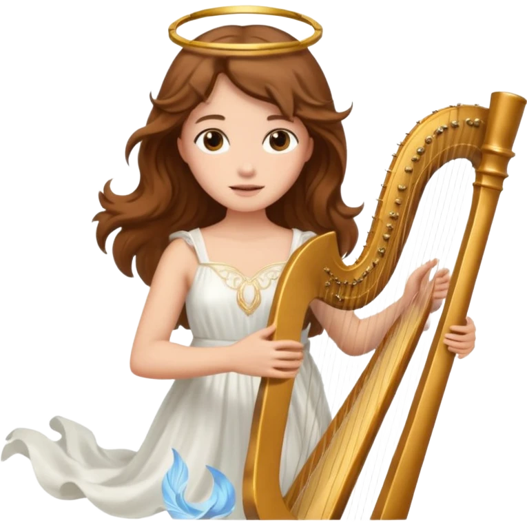 Female angel holding harp with flowing brown hair emoji