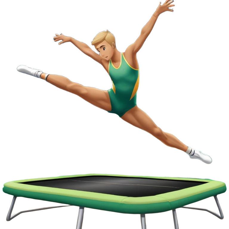 An athletic person soaring high above a trampoline, executing an acrobatic flip with perfect form. The scene captures motion and energy, with a dynamic pose, stretched limbs, and a focused expression. The background suggests a professional trampoline arena with safety padding. emoji