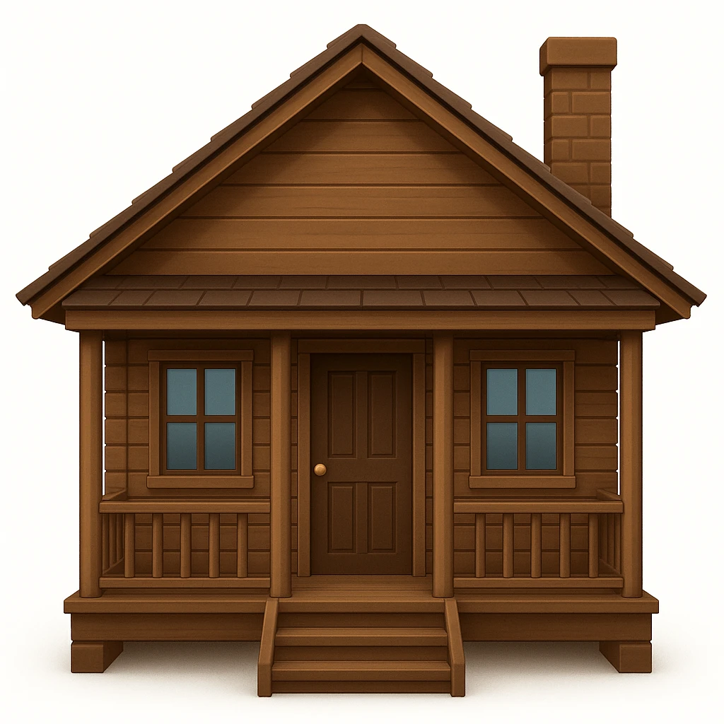 A wooden house typical of Puerto Rican rural neighborhoods, with a simple and cozy design featuring a central functional door, two symmetrical windows, a front porch with open railings, and space for a rocking chair. Emoji style, brown and wooden, no star, no symbol emoji