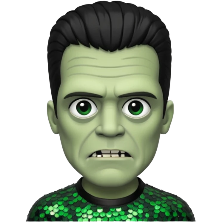 Frankenstein from Universal Monsters with grey green skin, jet black hair, black sequin outfit  emoji